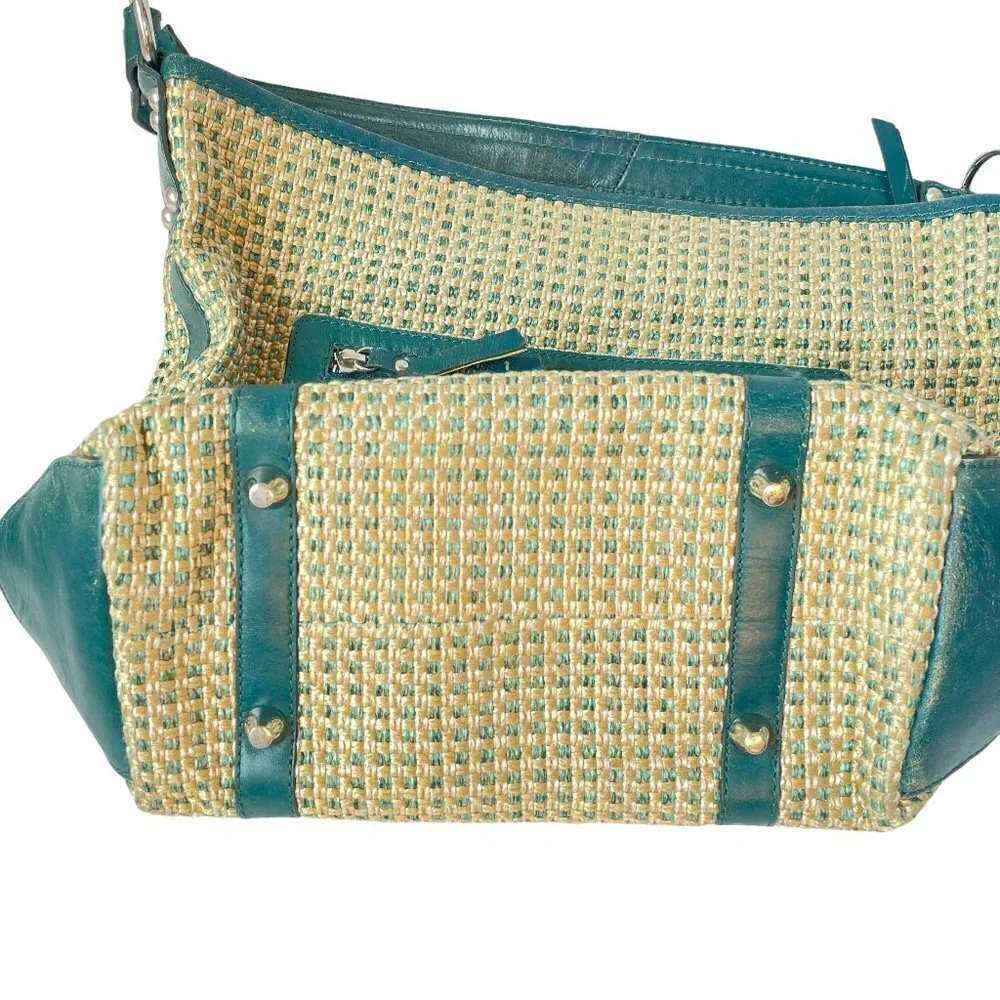 Nino BOSSI Woven Shoulder Bag Beige with Green Leather Trim Silver Hardware